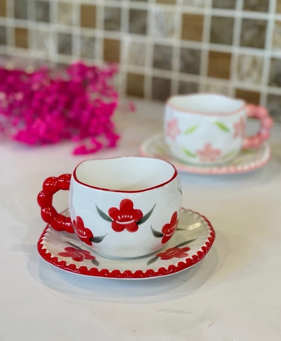 Hand-Painted Floral Ceramic Cup & Saucer Set