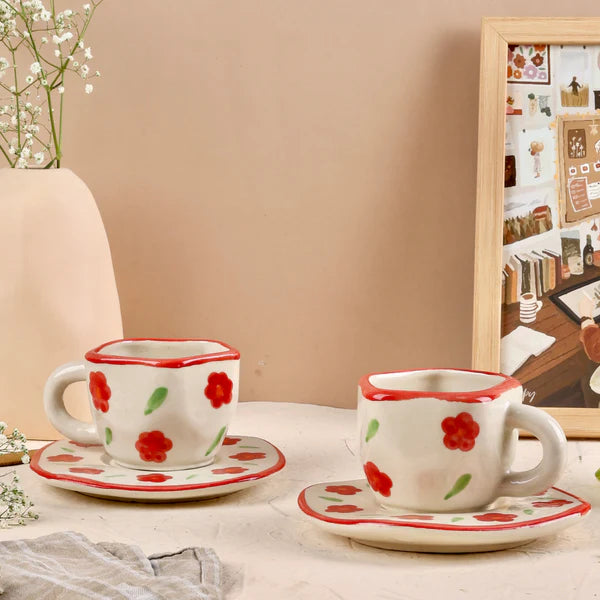Hand-Painted Floral Ceramic Cup & Saucer Set