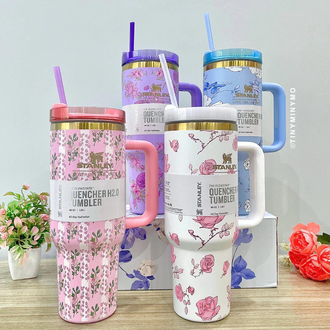 Floral Stanley Style Quencher H2.0 Tumbler – 40oz Insulated Travel Mug with Straw