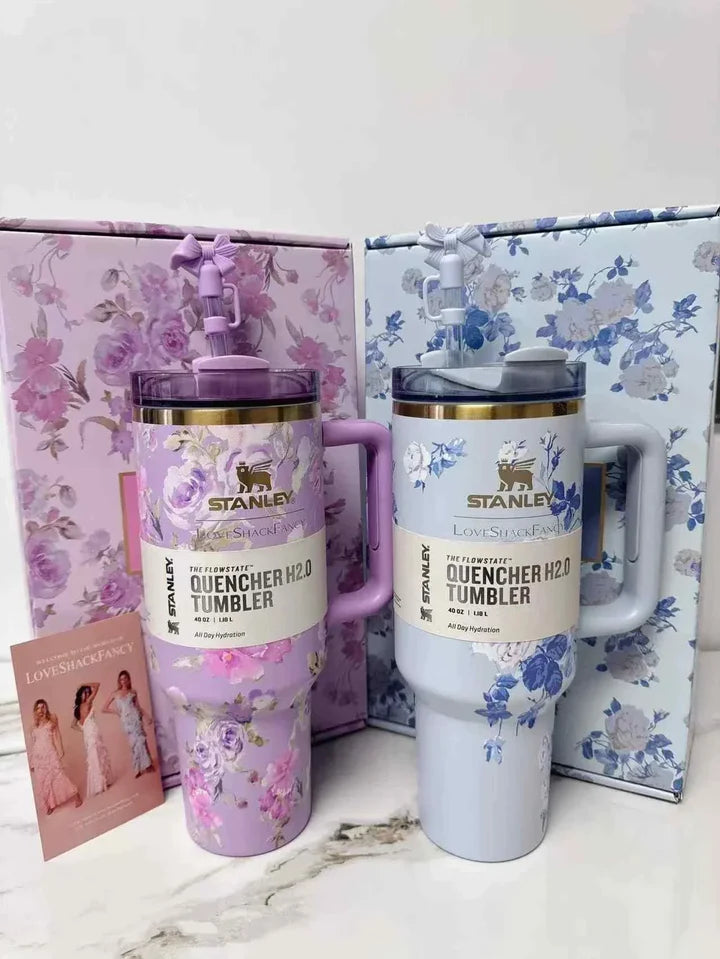 Floral Stanley Style Quencher H2.0 Tumbler – 40oz Insulated Travel Mug with Straw