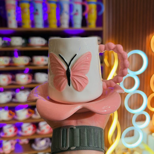 3D Butterfly Aesthetic Ceramic Mug & Petal Saucer Set – Pink & White Handcrafted Design